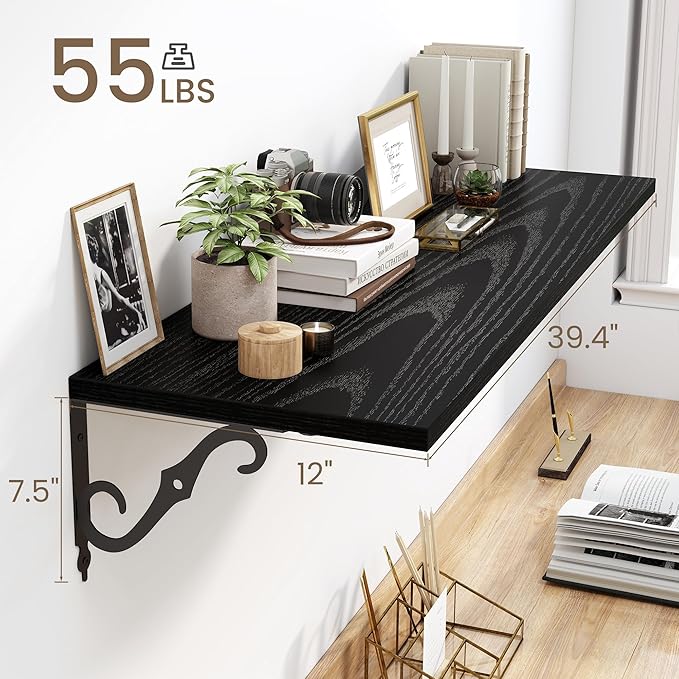 Fun Memories 40 Inch Floating Shelves Wall Mounted, 12 Inch Deep Wall Shelves with Bracket, Rustic Hanging Bookshelf, 40" Bookshelves for for Living Room, Kitchen and Bedroom, Black, Set of 2