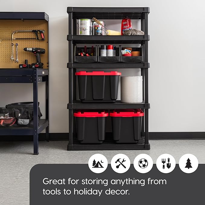 IRIS USA 5-Shelf Heavy Duty Plastic Storage Shelves, 750lb Capacity, 68" H x 36" W x 18" D, Large Modular Shelving Unit Storage Organizer for Garage, Home, Warehouse & Gym, Storage Rack - Black
