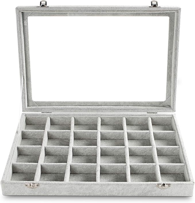 Frebeauty 24 Grid Earring Holder Organizer Tray, Jewelry Organizers and Storage for Drawer,Velvet Jewelry Display Storage for Earrings,Rings,Studs,10.5 x 6.5 x 1.2 Inches Gift for Women (Grey)