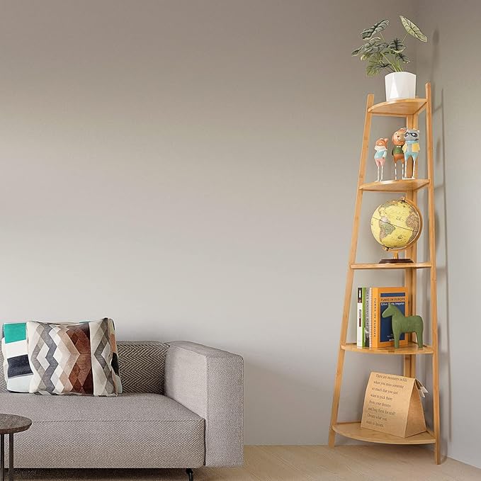 Bamboo Corner Shelf Stand for Display, 59'' Tall Storage Rack, 5-Tier Shelf for Organize