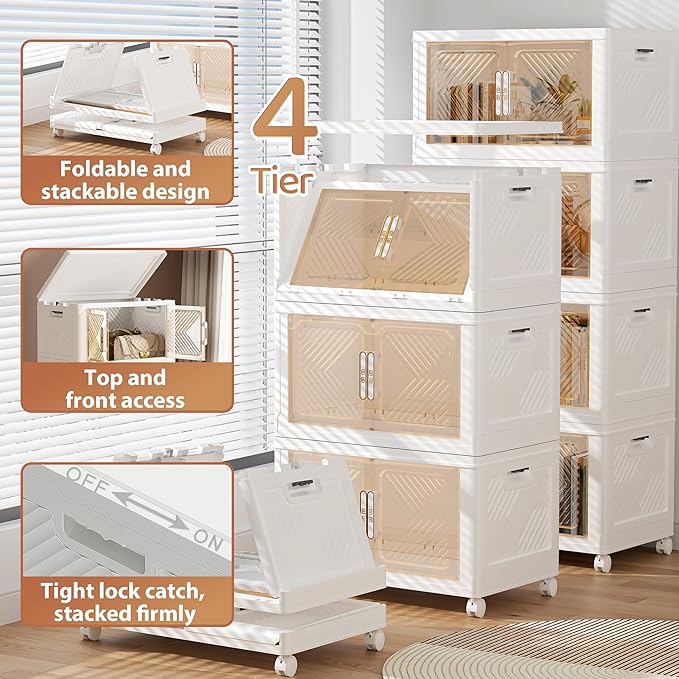 Storage Bins with Lid 48QT, Stackable Storage Containers with Wheels and Magnetic Doors, Plastic Clothes Closet Organizers and Storage Box for Home and Office (4 Pack)