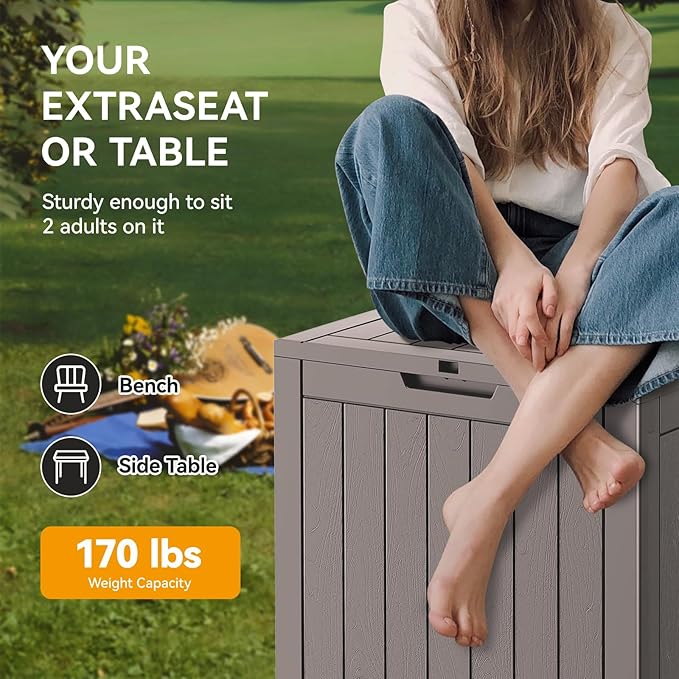 Outdoor Storage Box, Resin Deck Boxes Outdoor Waterproof For Patio Furniture, Garden Tools, Pool Supplies, UV Resistant, Lockable (32 Gallon, Grey)