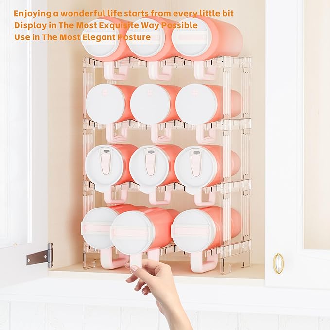 Yieach Stackable Water Bottle Organizer for Cabinet Yeti or Stanley Storage Organizers - Larger Compartment for 40 oz Stanley Cup Holder and Other Tumbler Organizers,Waterbottle Rack for Pantry,4 Tier