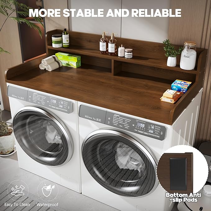 2-Tier Washer and Dryer Countertop with 2.75" H Guard,58" W x 28" D Laundry Countertop Cover with Non-Slip Pad,Large Space Laundry Topper for Folding Clothes Over Washer and Dryer-Brown