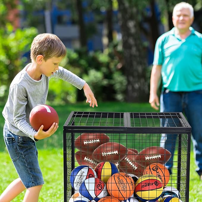 VEVOR Rolling Sports Ball Storage Cart, Lockable Basketball Cage with Double Lids, Sport Equipment Holder Organizer for Indoor Outdoor, Steel Storage Rack for Garages, Playgroup, Gym and Schools