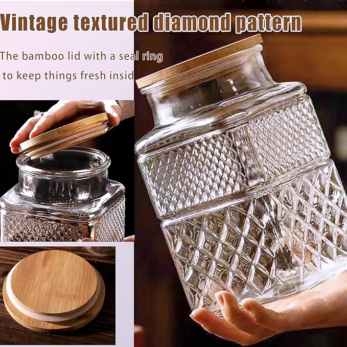 Viovian 1 Gallon Glass Jar with Lid Spoon 120 OZ Square Wide Mouth Glass Storage Jars Airtight Large Vintage Canister Container for Candy Cookie Sugar Coffee Tea Nuts Flour Dog Treat Laundry Pods
