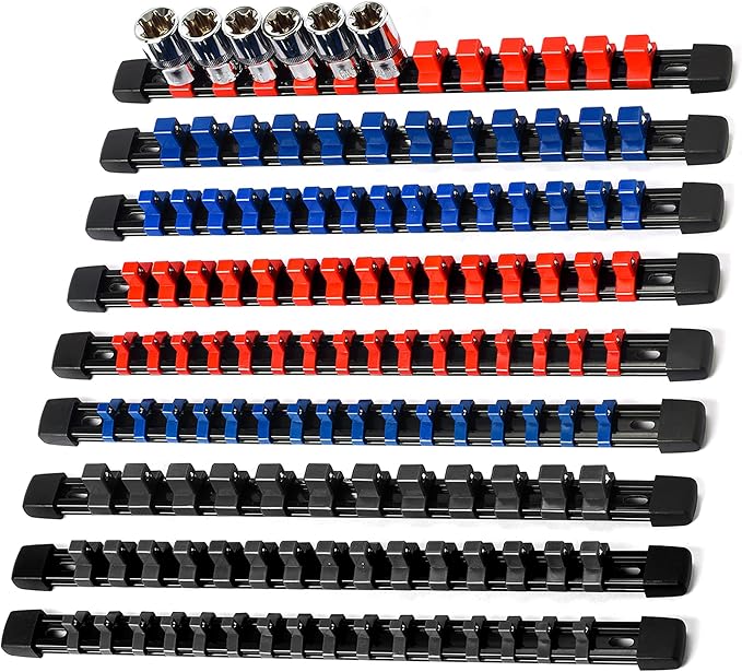Socket Organizer Drive ABS Tools-Socket Holder, Premium Quality 9 Pieces Holders Kit 1/4-Inch x 48 Clips, 3/8-Inch x 45 Clips, 1/2-Inch x 36 Clips