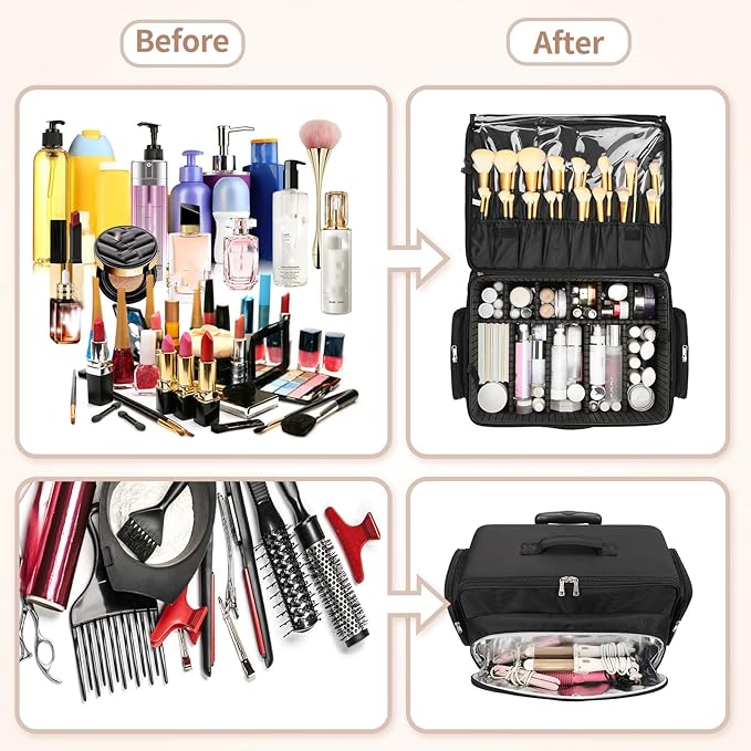 Rolling Makeup Train Case with Large Makeup Case，Professional Makeup Artist Traveling Bag with 7 Small Clear Bags, Cosmetology Case on Wheels, Adjustable Dividers for Cosmetics Makeup Brushes Toiletry