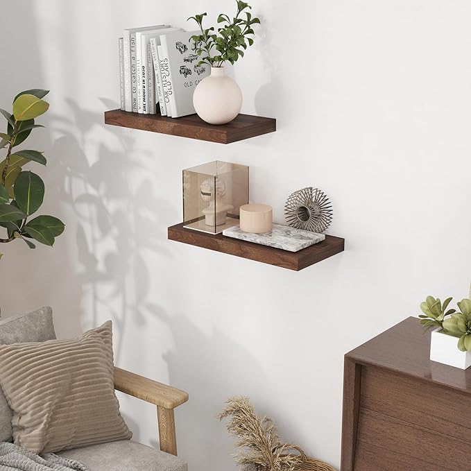 Fun Memories 16Inch Floating Shelves for Wall 2 Pack Shelves for Bedroom|Kitchen|Bathroom Wall Mounted Rustic Wood Floating Shelf with Invisible Brackets for Books|Storage|Decor, Walnut