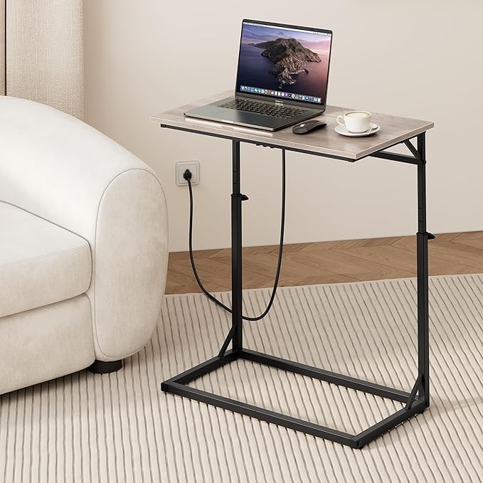 Vagusicc C Shaped End Table with Charging Station, C-Table End Table Adjustable Height Side Table for Couch, Large Couch Table, Slide Under Couch Table TV Tray Table for Sofa,Living Room,Bedroom, Grey