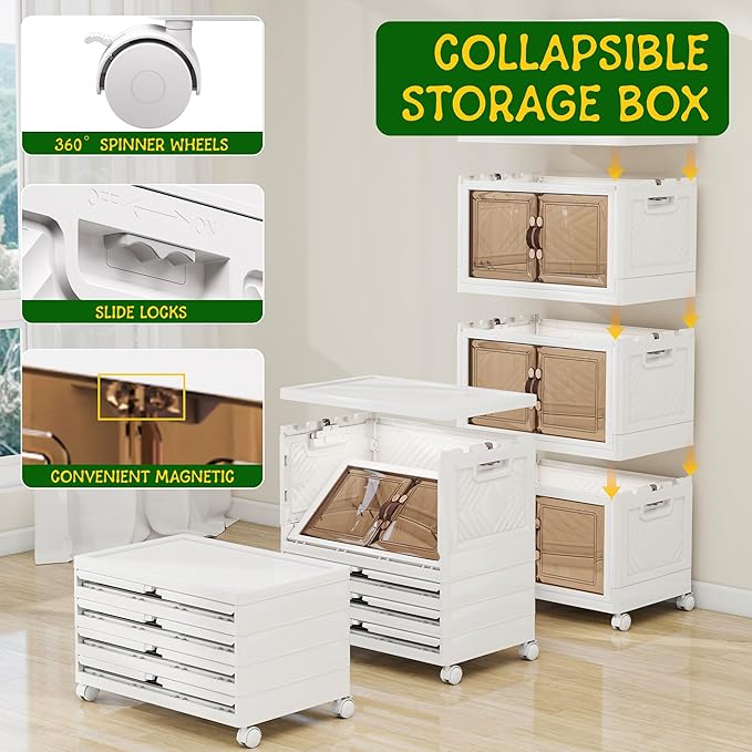 Storage Bins with 2 Lids and Wheels, Collapsible Bathroom Storage Cabinet with Clear Doors, Plastic Stackable Closet Organizers and Storage Containers White 270 QT