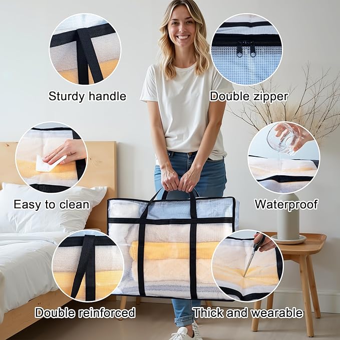 6 Pack Clear Blanket Storage Bags with Zipper, Vinyl Foldable Moving Bags Closet Organizers and Storage Containers for Bedding, Blankets, Comforters, Clothing, Toys, Quilt, Duvet, 60L