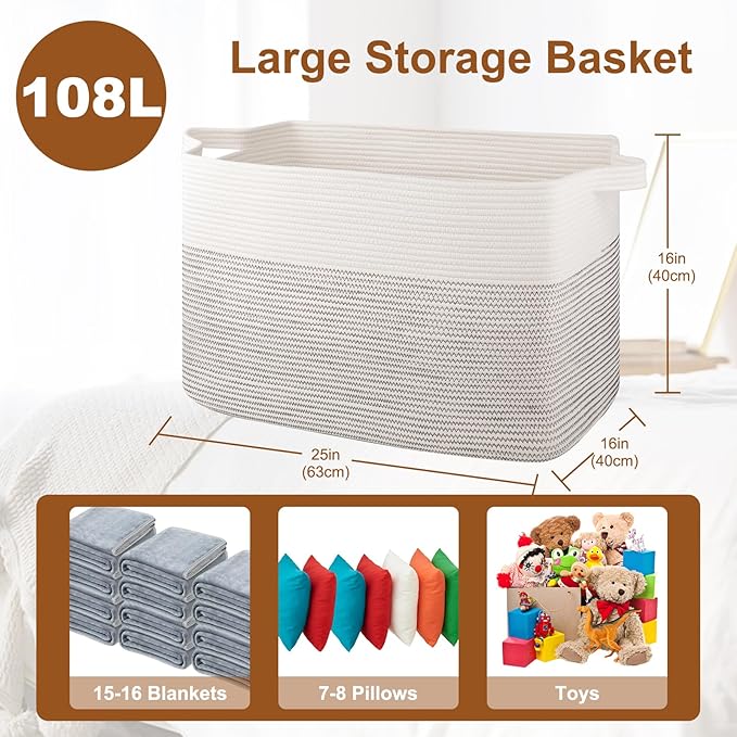 XXXL Large Blanket Basket, 108L Storage Basket, Cotton Rope Baskets for Living Room, Toy Basket for Kids, Woven Baskets for Clothes, Towels, Pillows, 25" x 16" x 16", Black and White