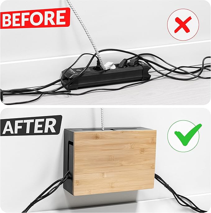 Bamboo Cable Management Box with Magnetic Lid & Ties - Elegant, Durable Cable Organizer to Hide Cords & Power Strip - Wall Mountable Box Hider for Home, Office, Desk & More (Black)