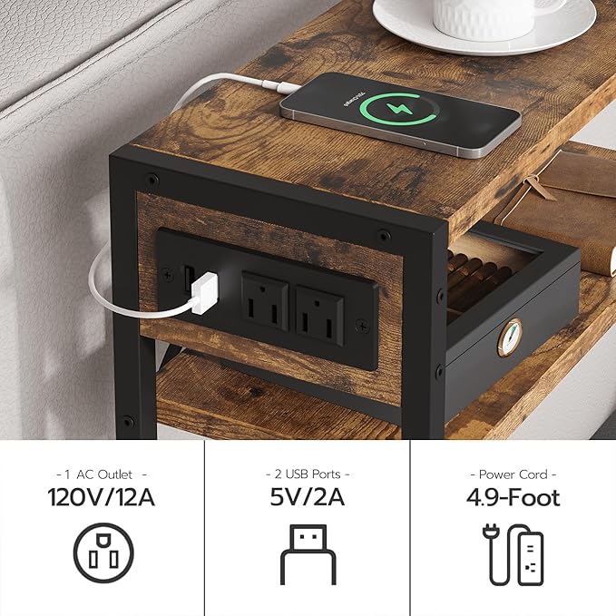 Narrow Side Table, Slim End Tables with Fabric Basket, Skinny Table for Small Spaces, Thin Bedside Table for Living Room, Bedroom (1, Rustic Brown - Outlet)