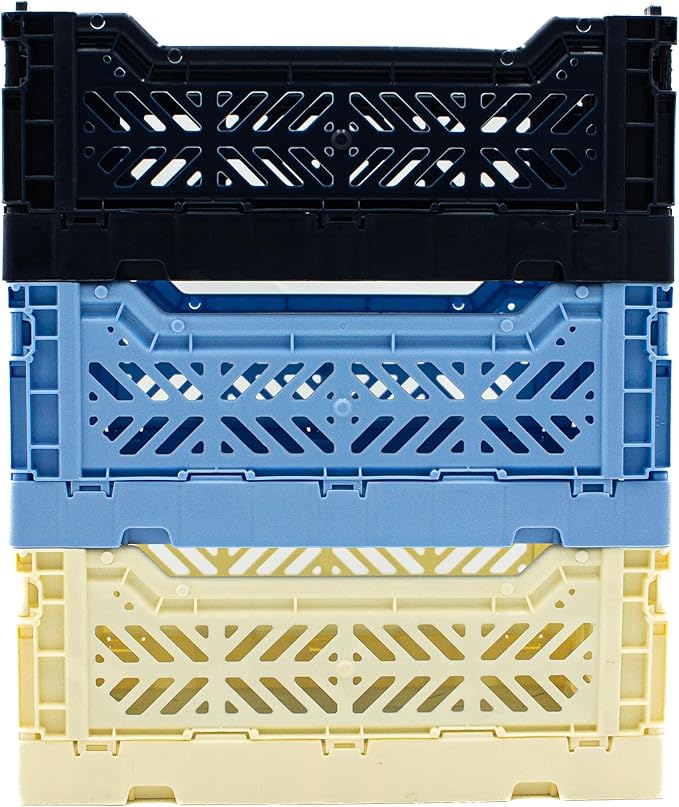 Collapsible Storage Box, Foldable Crate Organizer Bin with Handle, Stackable Crates for Home Organization (Navy-Blue-Cream, 4L -3-Pack)