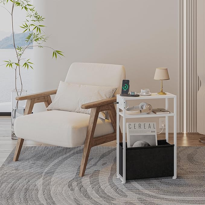 White Side Table with Charging Station, Slim End Tables with Fabric Basket, Skinny Table for Small Spaces, Thin Bedside Table for Living Room, Bedroom