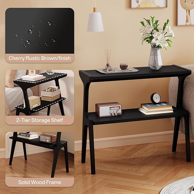 Set of 2 Solid Wood End Table, 2-Tier Side Table with Storage Shelf, Wooden Modern Accent Slim Bedside Table for Sofa, Living Room, Bedroom, Small Space, Easy Assembly, Black
