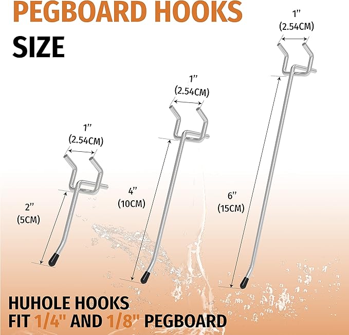 HUHOLE Pegboard Hooks 6 Inch 50PC, Ideal Garage Organization, Wall Storage Tool Organizer, Fit 1/4" 1/8" Peg Board with Plastic Tip (Silver, 6 Inch)