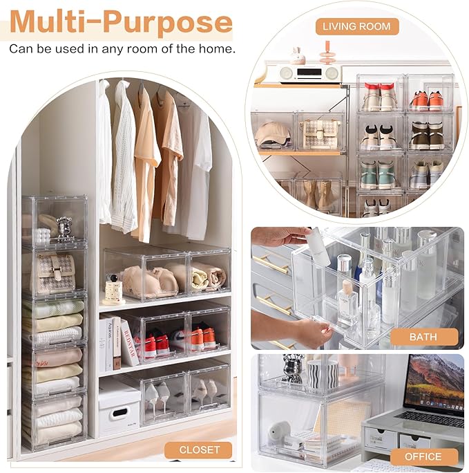 DILIBRA 2 Packs Plastic Stackable Storage Organizer Bins with Pull Out Drawer, Large Clear Acrylic Storage Drawers Container Boxes for Fridge Pantry Shelf Clost Refrigerator Organization and Storage