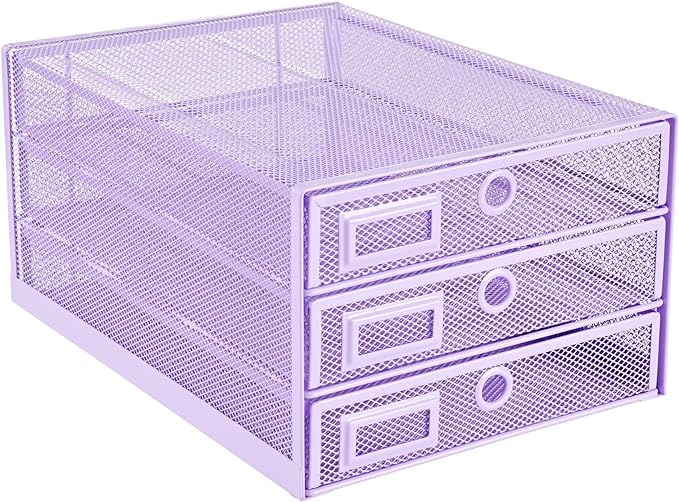 Annova Desk Organizer Wire Mesh 3 Tier Sliding Drawers Paper Sorter/Multifunctional/Premium Solid Construction for Letters, Documents, Mail, Files, Paper, Kids' Art Supplies (Light Pink)