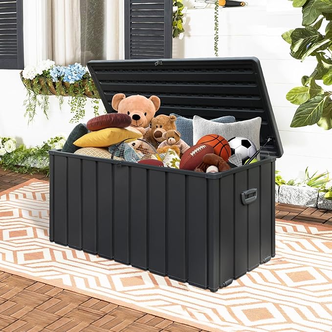 Domi 100 Gallon Deck Box, Metal Outdoor Storage Box with Resin Lid Lock Wheels Side Handles, Waterproof Outside Storage Box for Patio Cushions, Shoes & Pool Tools