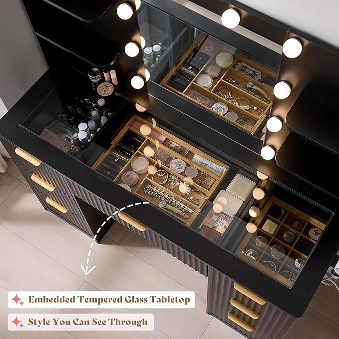 AMERLIFE 47.2" Fluted Vanity Desk with Mirror and Adjustable LED Lights, Large 7 Drawers Makeup Table with Glass Top and Charging Station for Women and Girls, Bedroom or Dorm, Black