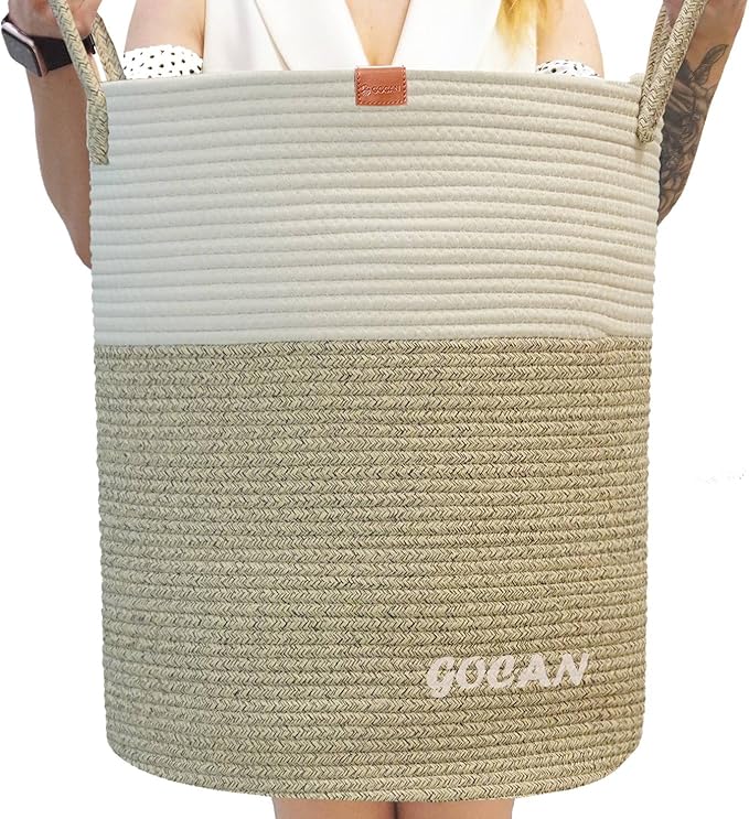 large tall sturdier Laundry Hamper Basket Woven Storage Baskets for clothes Pillows Blanket Toy in living or bed room decoration H50XD38cm borwn/beige