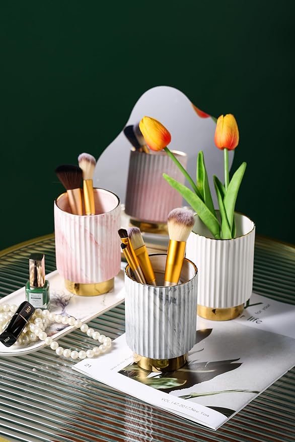 IEEK Makeup Brush Holder Organizer - Comb Brushes, Pens, Pencils, Glasses & Toothbrushes - European Style Striped Container, Grey and Gold