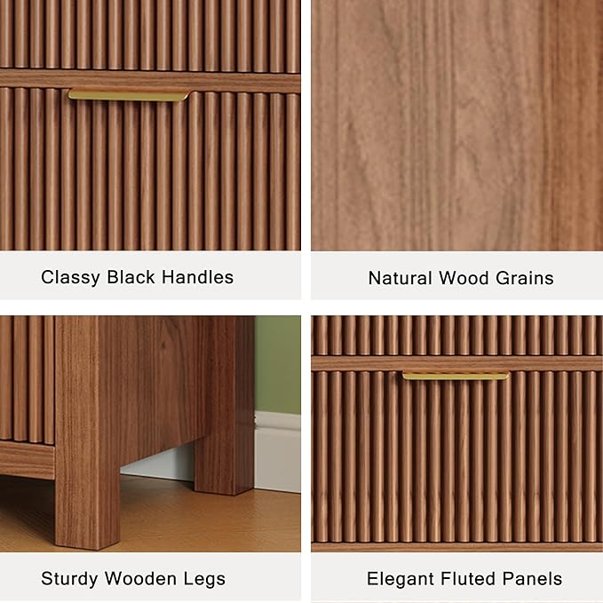 Mid-Century Fluted 8 Drawers Dresser, Modern Wooden Tall Dresser with Smooth Metal Handles, Storage Chest Clothes Organizer for Bedroom, Entryway & Office, Walnut X2
