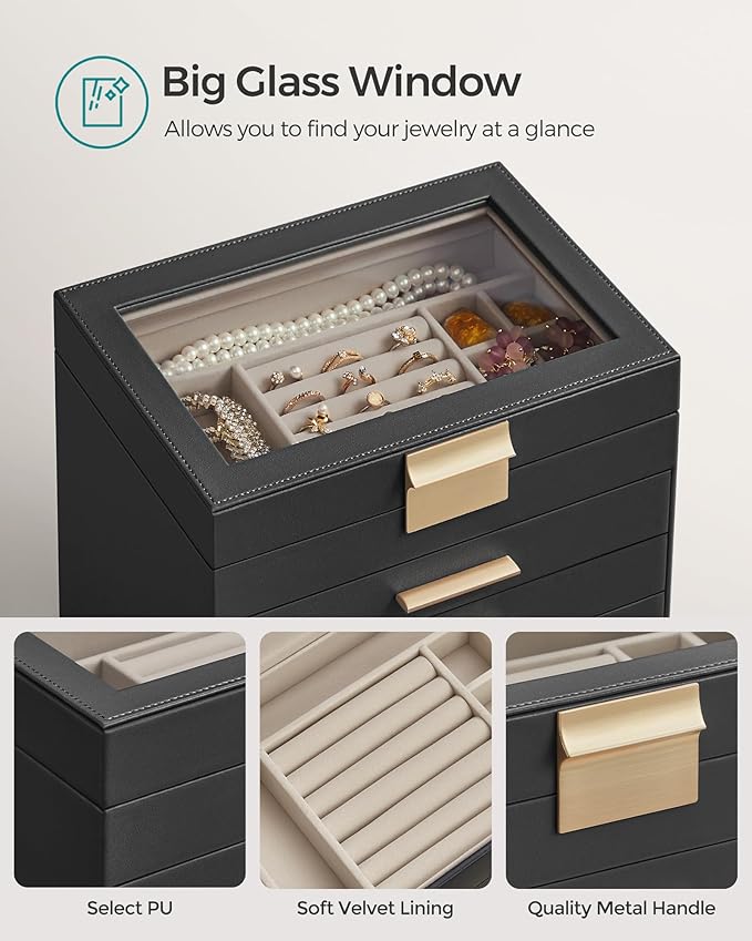 SONGMICS Jewelry Box Organizer with Glass Lid, 6-Layer Jewelry Storage, with 5 Drawers, Modern Style, Christmas Gift, 6.4 x 9.9 x 11.4 Inches, Graphite Black and Gold Color UJBC171B01