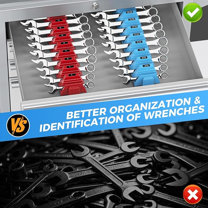 48PCS Magnetic Modular Wrench Organizers for Tool Drawers - Red & Blue - Wrench Rack with Metric & SAE Labels, Customizable Magnet Tool Storage Holder for Tool Box Organization