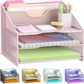 samstar Pink Desk File Organizer, Mesh Letter File Folder Holder with 3 Paper Trays and 2 Vertical Upright Section, for Office Supplies, Desk Accessories & Workspace, Pink