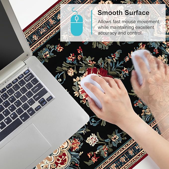 Vintage Persian Carpet Mouse Pad – Large Extended Desk Mat 35.43 x 15.75 in – Oriental Floral Rug Design, Non-Slip Rubber Base, Stitched Edges, Soft Keyboard & Mouse Mat for Office or Gaming