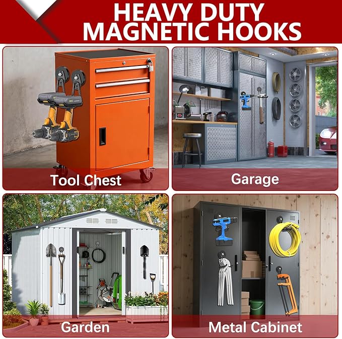 3-H Heavy Duty Magnet Garage Hooks 4 Pack, Extra Large Strong Magnetic Hooks for Hanging Cordless Power Drill, Utility Magnetic Tool Holder for Metal Cabinet, Steel Pegboard, Toolbox, Garage(Black)