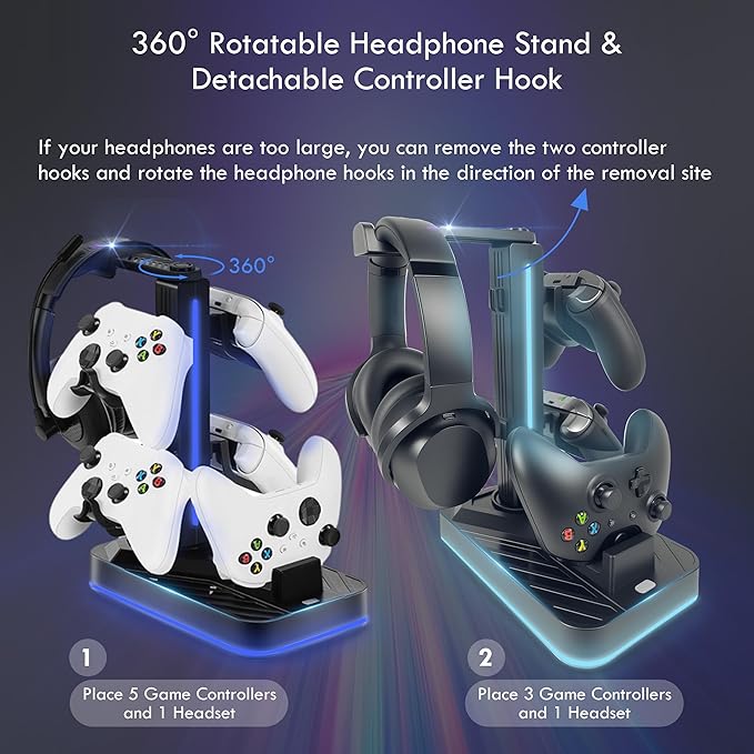 Headphone & Controller Stand with Charging Station for Xbox Series X|S/Elite 2/One/One X/One S/One Elite, RGB Controller Charger Dock for Xbox, Headset and Controller Holder with 3 USB Ports