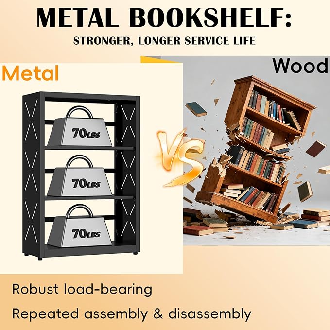 Industrial Bookshelf,3 Tier Bookcase,34" Black Metal Small Bookshelf with Adjustable Feet and Adjustable Shelves,Home Office Bookcase Shelf Storage Organizer for Living Room Kitchen.