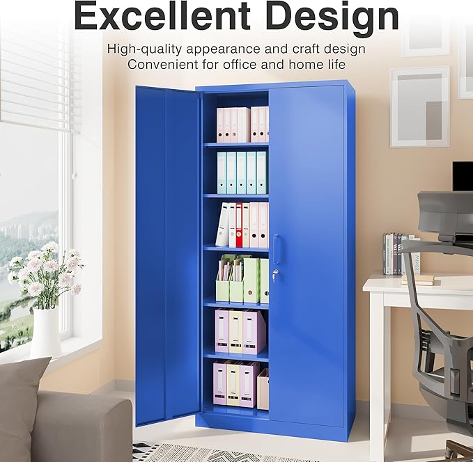SISESOL Blue Metal Storage Cabinet with 6 Shelves,71" Garage Storage Cabinet with Lock,6 Tier Steel Cabinets with Locking Doors,Lockable Cabinets for Home,Office,Shop,Garage