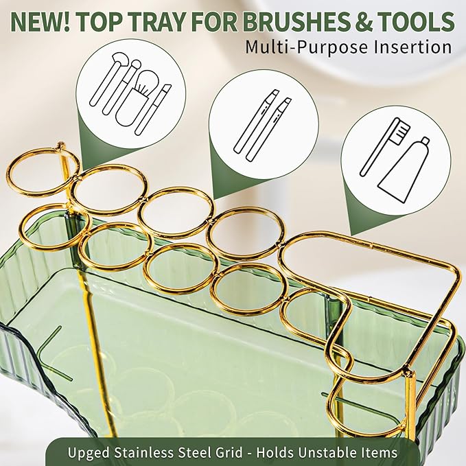 Upgraded 3-Tier Corner Bathroom Countertop Organizer – Spacious Storage for Makeup, Skincare & Perfumes, Built-in Brush Holder Fits Vanity/Dresser/Bsthtub (Sage Green)