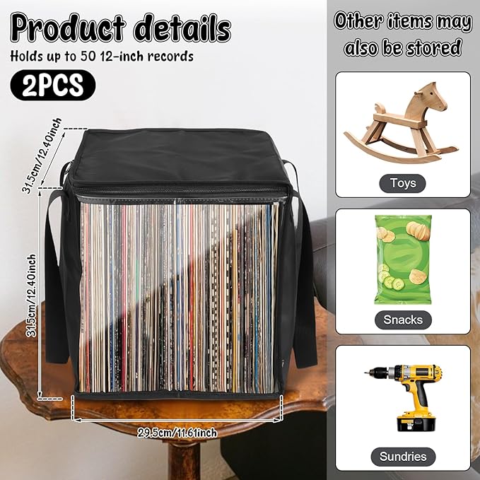 1/4 Pcs Vinyl Record Storage Box with Lid and Handles, Oxford Cloth Record Album Storage Crate, Foldable and Stackable Record Organizer Storage Case for Collecting Valuable Album (2PCS)