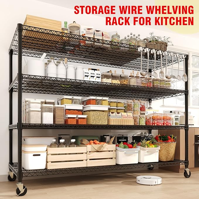 73" H Storage Shelves 2640LBS Heavy Duty Shelving Unit with Wheels & Feet, 4-Tiers Garage Shelving for Pantry Garage Kitchen Home Commercial, 73.8" H x 59" W x 23.9" D