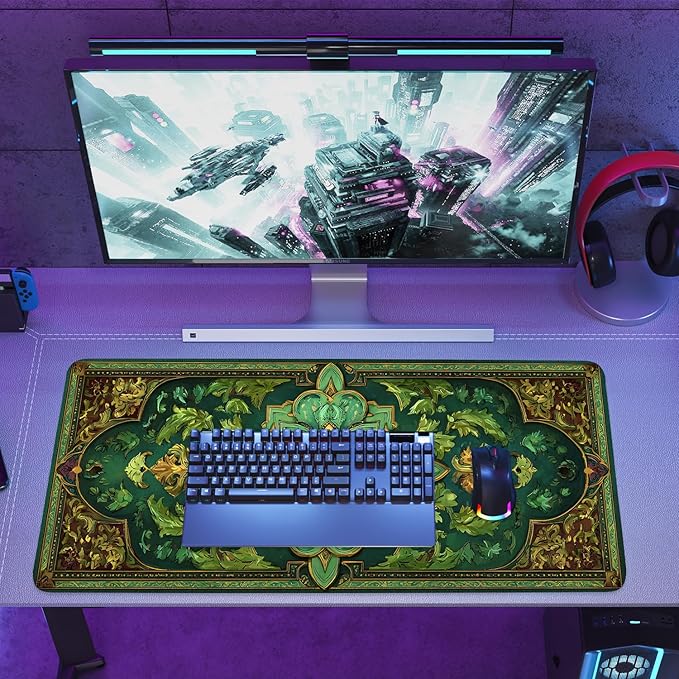 Green Vintage Floral Mouse Pad – Large Extended Desk Mat 35.43 x 15.75 in – Ornate Oriental Carpet Design with Gold & Emerald Motif, Waterproof Surface,Keyboard & Mouse Pad for Office & Home