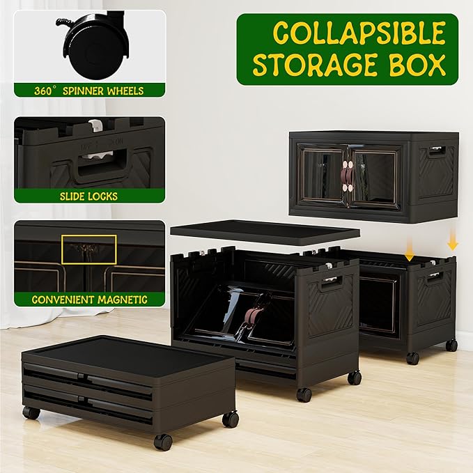 Storage Bins with Lids and Wheels, Collapsible Bathroom Storage Cabinet with Clear Doors, Plastic Stackable Closet Organizers and Storage Containers Black 199 QT