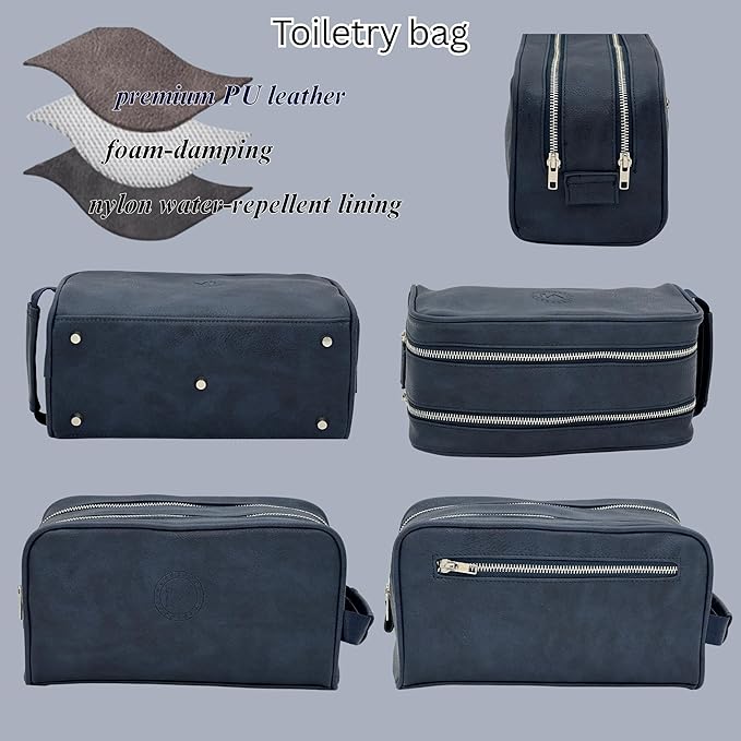 Dopp Gift Large Travel Toiletry Bag Premium Quality PU Leather Two compartments YKK Zippers Water-resistant Bottom Studs Mesh Pockets Durable Cosmetic Organizer NAVY BLUE