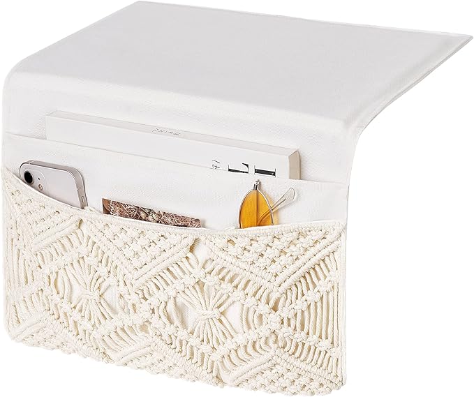 Mkono Macrame Bedside Caddy Storage Organizer Boho Remote Control Tablet Magazine Holder with 4 Pockets Non-slip Countertop Bedside Caddy for Home Bedroom Living Room College Dorm Bed, Ivory