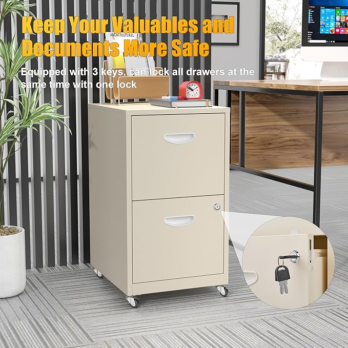2 Drawer Mobile File Cabinet with Lock, Metal Filing Cabinets with Wheels,Rolling Storage Cabinet, Under Desk Vertical File Cabinet for Home Office, Lockable Steel Two Drawer for Letter Size, Cream
