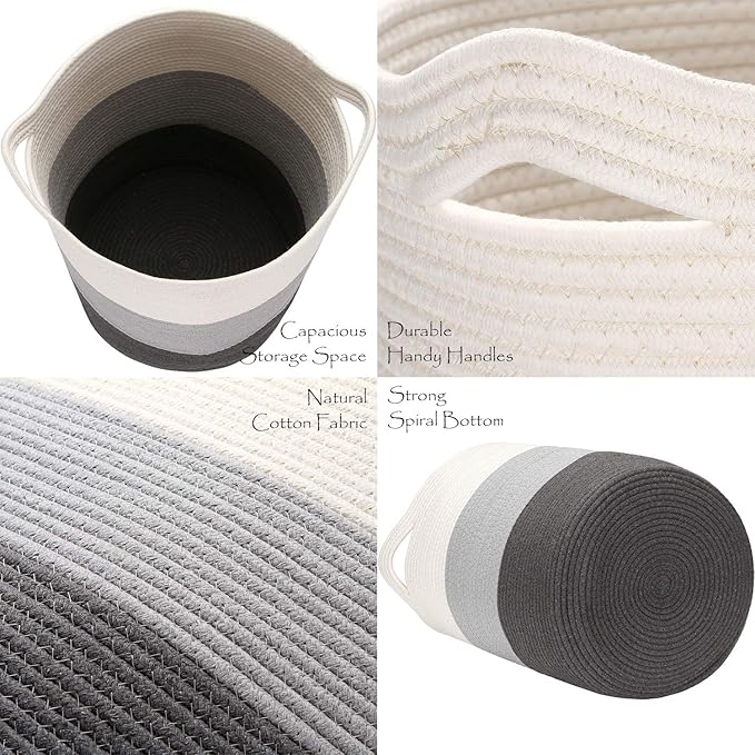 Sea Team Large Size Cotton Rope Woven Storage Basket with Handles, Laundry Hamper, Fabric Bucket, Drum, Clothes Toys Organizer for Kid's Room, 20 x 14 inches, Round Open Design, White & Grey