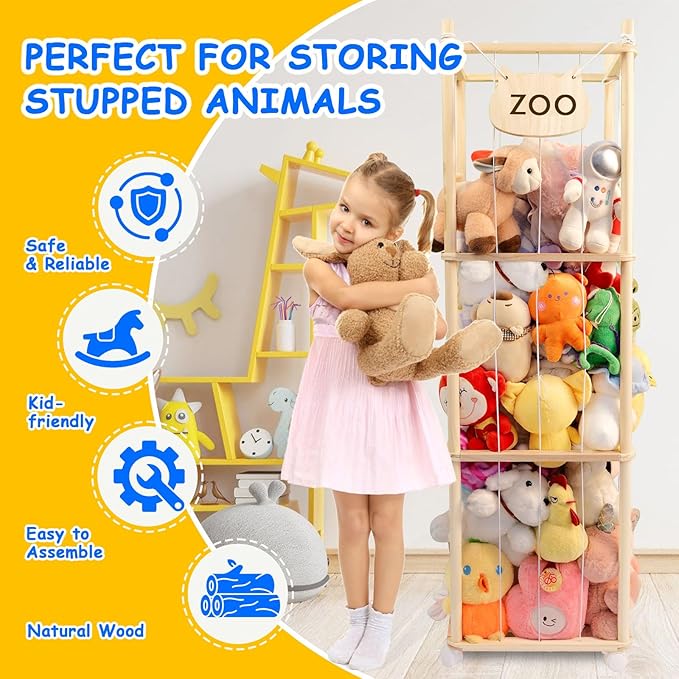 Stuffed Animal Storage, Wood Stuffed Animal Zoo Storage, Space Save Stuffed Animal Holder, Plush Toy Storage Organizer with Brake Wheels for Bedroom Playroom Nursery Bedroom