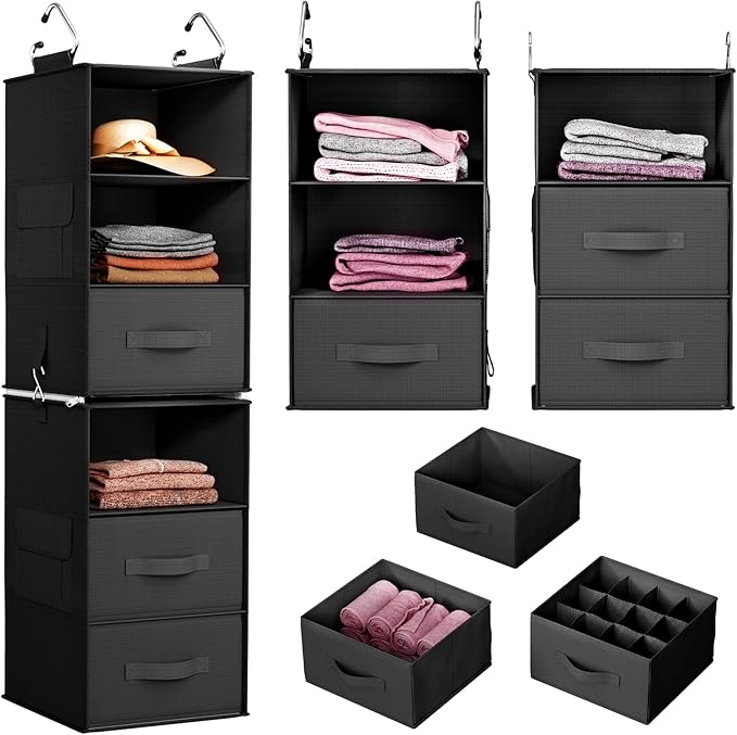 Pipishell 6-Shelf Hanging Closet Organizer, Hanging Shelves with 2 Separable 3-Tier Shelves, Closet Shelves Organizer with 3 Removable Drawers for Wardrobe, Nursery, Baby Clothes, Black