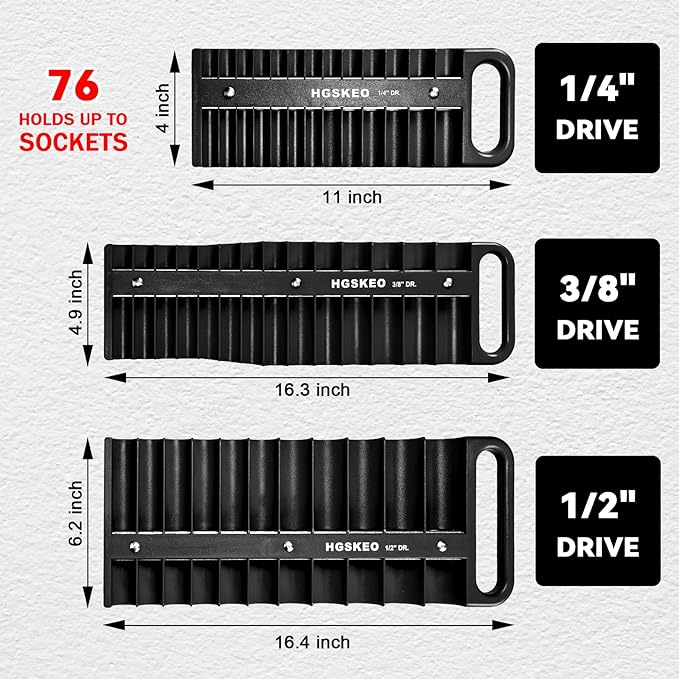 Magnetic Socket Holder Set with Handle, Portable Socket Organizer, Heavy Duty Socket Racks, 76 standard Sockets for Tool Box (Black, 3 Pcs Set-1/4", 3/8" & 1/2")